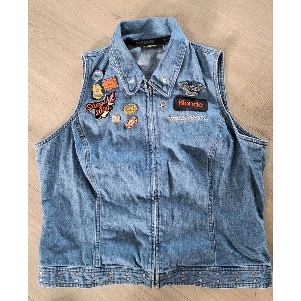 Harley Davidson Womens XL Denim Vest Eagle Sturgis 2000 Y2K Biker Motorcycle